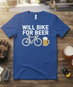 Will Bike For Beer quote with bicycle and beer mug graphic on a royal blue t-shirt