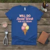 Blue t-shirt with "WILL DO Social Work FOR ICE CREAM" text and a dripping ice cream cone graphic