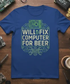 Will Fix Computer For Beer t-shirt with circuit board design and beer mug graphic