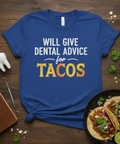 Blue t-shirt with white and yellow text that reads "WILL GIVE DENTAL ADVICE for TACOS" for dental professionals