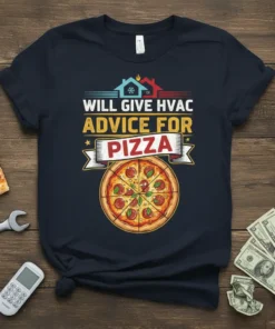 Navy t-shirt with text "WILL GIVE HVAC ADVICE FOR PIZZA" above a pepperoni pizza graphic