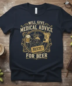 Will Give Medical Advice For Beer t-shirt design featuring a plague doctor holding a beer and a scroll with Rx