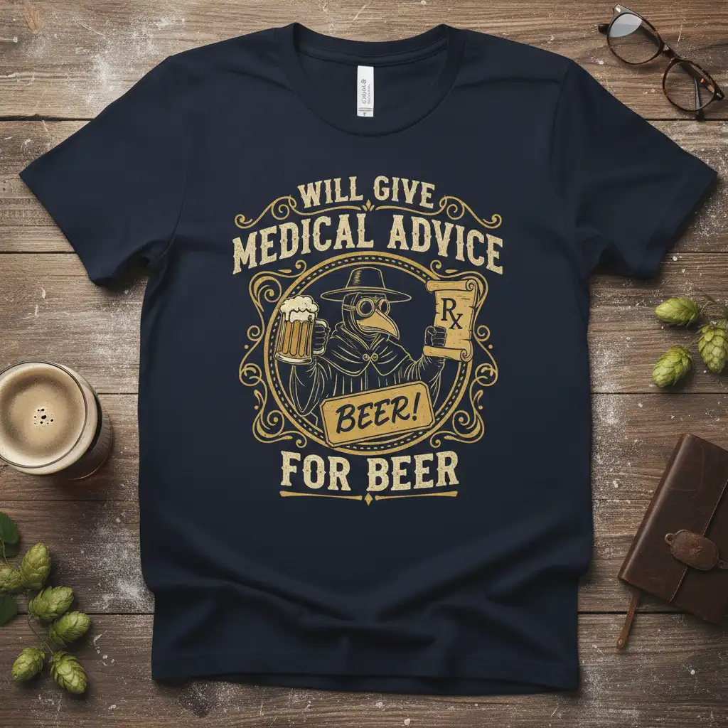 Will Give Medical Advice For Beer quote t-shirt with plague doctor graphic and beer mug