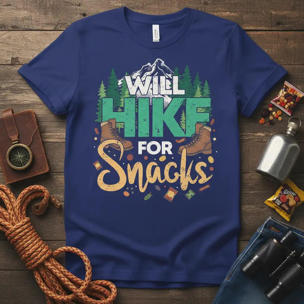 Will Hike For Snacks quote design with hiking boots, mountain, and forest graphics