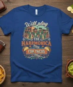 Will play THE HARMONICA FOR TACOS t-shirt design with mariachi band, tacos, and harmonicas in a colorful graphic