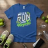 Will Run For Margaritas text design with running shoes and cocktail graphic on a blue t-shirt