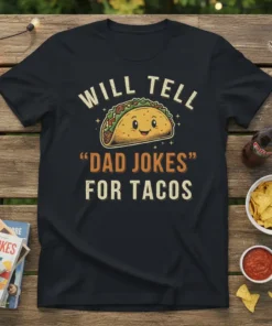 Black t-shirt with "Will Tell Dad Jokes For Tacos" text and a smiling taco graphic