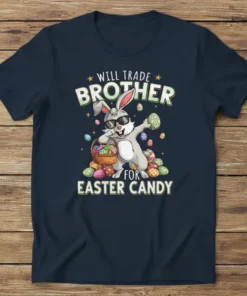 Will Trade Brother For Easter Candy t-shirt with a dabbing bunny holding a basket of eggs and surrounded by candy