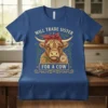 Will Trade Sister For A Cow T-Shirt featuring a highland cow with a flower, bold text, and decorative elements