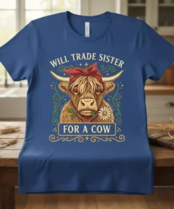 Will Trade Sister For A Cow T-Shirt featuring a highland cow with a flower, bold text, and decorative elements