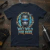 Will Weld For Beer welder t-shirt design featuring a welding mask surrounded by lightning and text