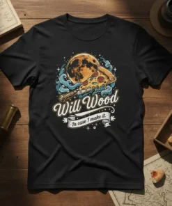 Will Wood In Case I Make It T-Shirt featuring a slice of pizza on the moon with wavy blue clouds