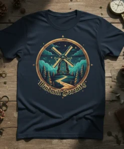 Windmill Serenity graphic t-shirt with a vintage windmill scene, pine trees, and starry night sky