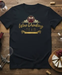 Black t-shirt with gold and maroon 'Wine Drinking TEAM' graphic, featuring wine glasses and grapes