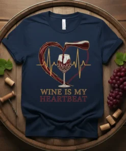 Wine Is My Heartbeat T-Shirt featuring a heart-shaped wine swirl and a wine glass with a heartbeat line graphic