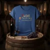Wine Tasting Is My Favorite Sport text design with a wine glass and heart graphic on a blue t-shirt