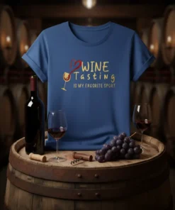 Wine Tasting Is My Favorite Sport text design with a wine glass and heart graphic on a blue t-shirt