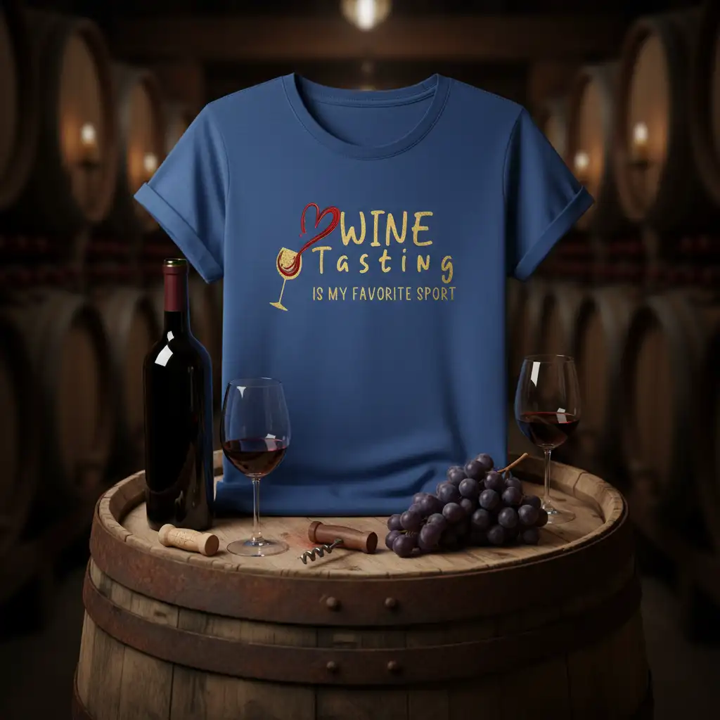 WINE Tasting IS MY FAVORITE SPORT quote with wine glass graphic on a comfortable blue t-shirt