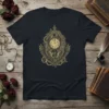 Winged cuckoo clock design with roses and gears on a navy t-shirt, vintage gothic art style
