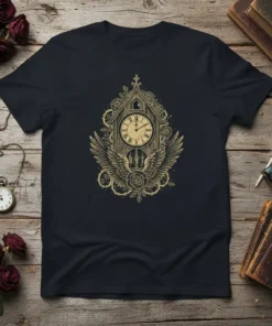 Winged cuckoo clock design with roses and gears on a navy t-shirt, vintage gothic art style