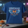 Wingman T-Shirt with "ANY WING-ANYTIME-ANYWHERE" text and mechanical wings holding chicken wings