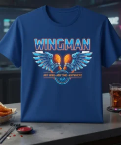 Wingman T-Shirt with "ANY WING-ANYTIME-ANYWHERE" text and mechanical wings holding chicken wings