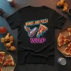 WINGS AND PIZZA WAP text with a flying pizza slice and winged rocket on a black t-shirt design