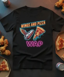 WINGS AND PIZZA WAP text with a flying pizza slice and winged rocket on a black t-shirt design