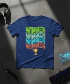 WINNER WINNER WINNER WINNER text with a pixelated trophy graphic on a navy blue t-shirt, representing gaming victory