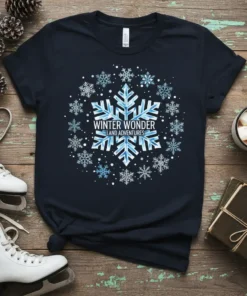 Dark navy t-shirt featuring a large snowflake graphic with "WINTER WONDER LAND ADVENTURES" text inside, surrounded by smaller snowflakes
