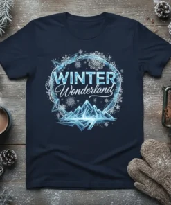 Winter Wonderland text with snowflake circle and icy mountains graphic on a navy t-shirt