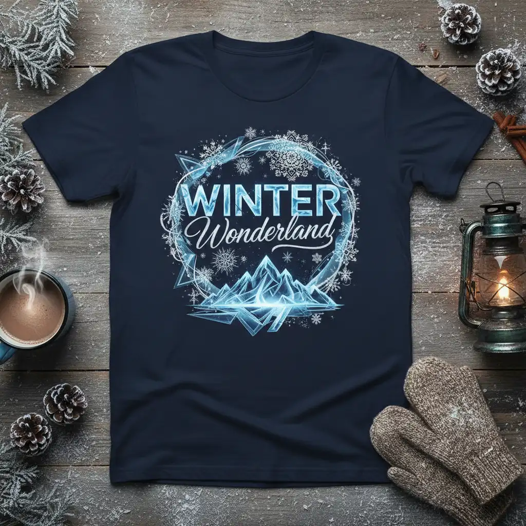 Winter Wonderland text design with snowflake border and icy mountain graphic on a navy t-shirt