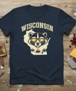 Wisconsin Raccoon bold graphic design printed on comfortable cotton t-shirt