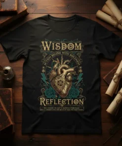 Black t-shirt with "Wisdom Action Begins With Boldness Reflection" quote and anatomical heart graphic