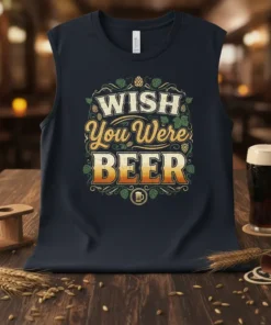 Wish You Were Beer text with hops and beer mug graphic on a navy blue t-shirt