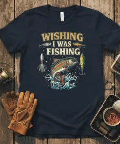 Wishing I Was Fishing t-shirt design featuring a jumping trout and fishing lures in vintage style