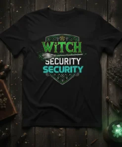 Black t-shirt with green and teal text "Witch Security Security" and a broom graphic, surrounded by mystical symbols
