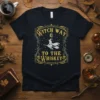 Witch Way To The Whiskey Halloween t-shirt design with a witch on a broomstick and starry night sky
