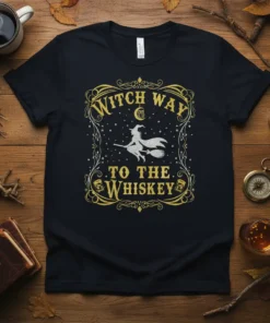 Witch Way To The Whiskey Halloween t-shirt design with a witch on a broomstick and starry night sky