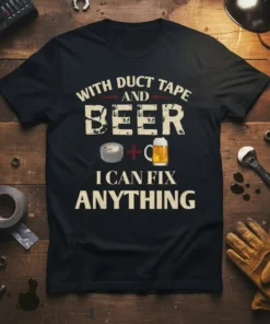 Black t-shirt with the quote "With Duct Tape and Beer I Can Fix Anything" featuring graphics of duct tape and