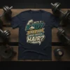 Funny "With A Body Like This, Who Needs Hair?" quote on a navy blue t-shirt, featuring a muscular arm graphic