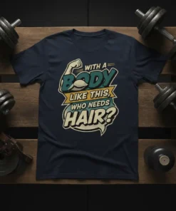 Funny "With A Body Like This, Who Needs Hair?" quote on a navy blue t-shirt, featuring a muscular arm graphic