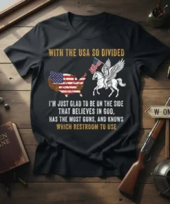 Black t-shirt with "With The USA So Divided" quote, US map, and winged horse rider graphic, featuring patriotic American flag