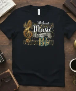 Black t-shirt with "Without Music life would Bb" text and musical notes graphic, featuring a treble clef and gears