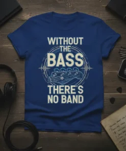 T-shirt with text "WITHOUT THE BASS THERE'S NO BAND" and graphic of a bass guitar headstock