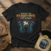 Black t-shirt with "Without the Saxophone Life Would Bb" text and two ornate saxophones, "Bb" in a circle, and musical