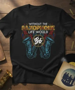 Black t-shirt with "Without the Saxophone Life Would Bb" text and two ornate saxophones, "Bb" in a circle, and musical