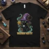 Wizard Kitty t-shirt featuring a black cat in a purple wizard hat with a star wand, mystical swirls, and the