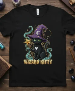 Wizard Kitty t-shirt featuring a black cat in a purple wizard hat with a star wand, mystical swirls, and the
