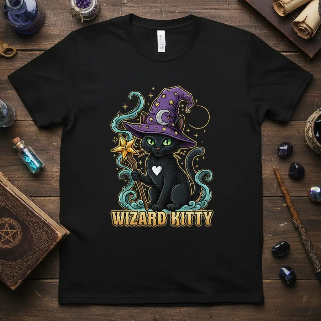 Wizard Kitty design with a black cat in a purple wizard hat and star wand, perfect for cat magic enthusiasts